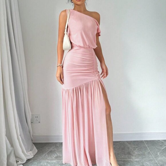 Pink Elegant Women's Summer Solid Color High Slit Oblique Shoulder Mesh Dress - Picture 3 of 6